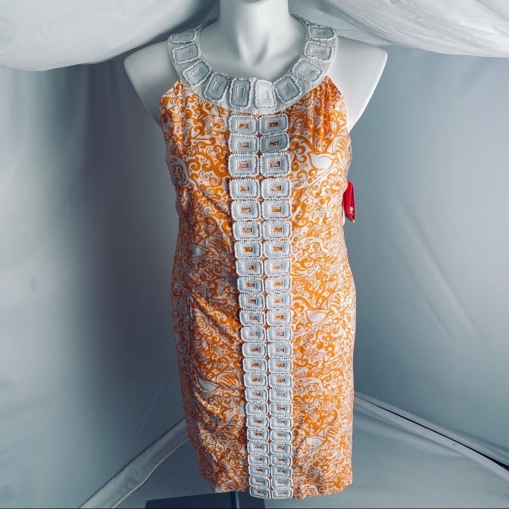 Lilly Pulitzer Jubilee Angie Harmon collab orange and white print beaded dress